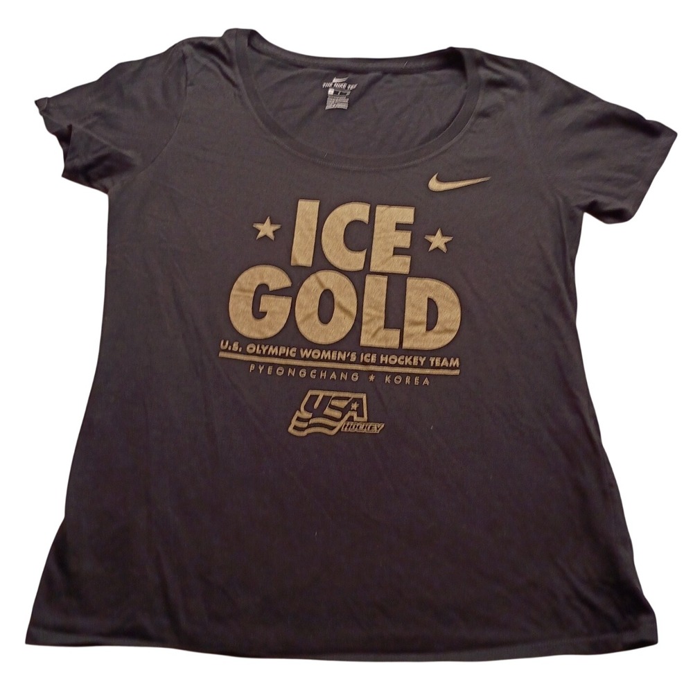 Nike T-Shirt Women's Pyeongchang Ice Gold USA Hockey Team Black Gold Size S